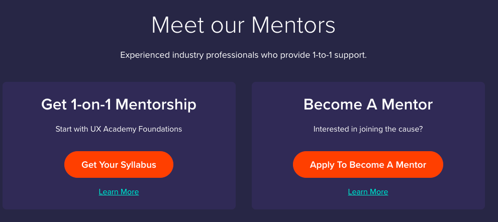 Screenshot of DesignLab's mentor and mentee options