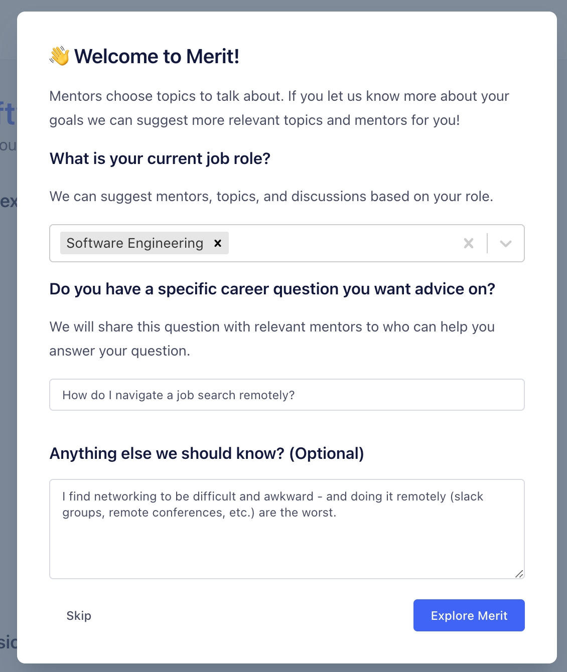 Screenshot of Merit's profile set up that asks questions about your role and what you're looking for