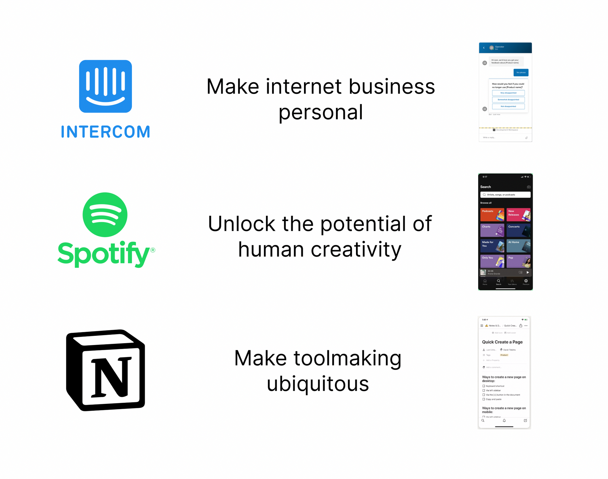 A three-column chart: column 1 is the company logo; column 2 is the company mission; company 3 is a screenshot of the product