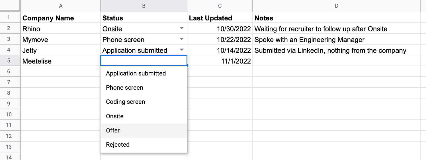 A screenshot of a Google sheet with columns for Company Name, Status, Last Updated, and Notes