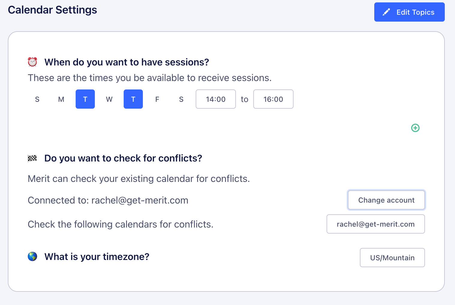 Mentor’s calendar settings, including days of the week of availability, calendar selection for conflicts, and timezone. 