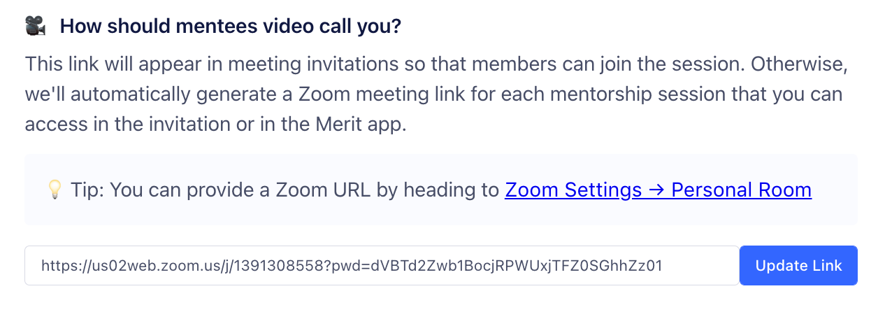 A screenshot of the Merit product with a field to enter a video link in a field next to a button that says “Update Link.”