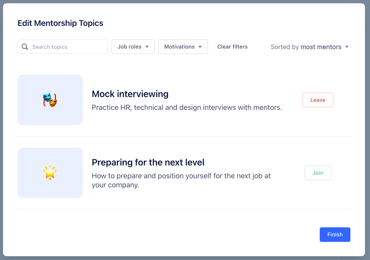 A screenshot of the Edit Topics modal with an option to search, filter by Job Role or Motivation, clear filters, and sort. Each topic has an emoji, a title, and a description with a button to leave or join.