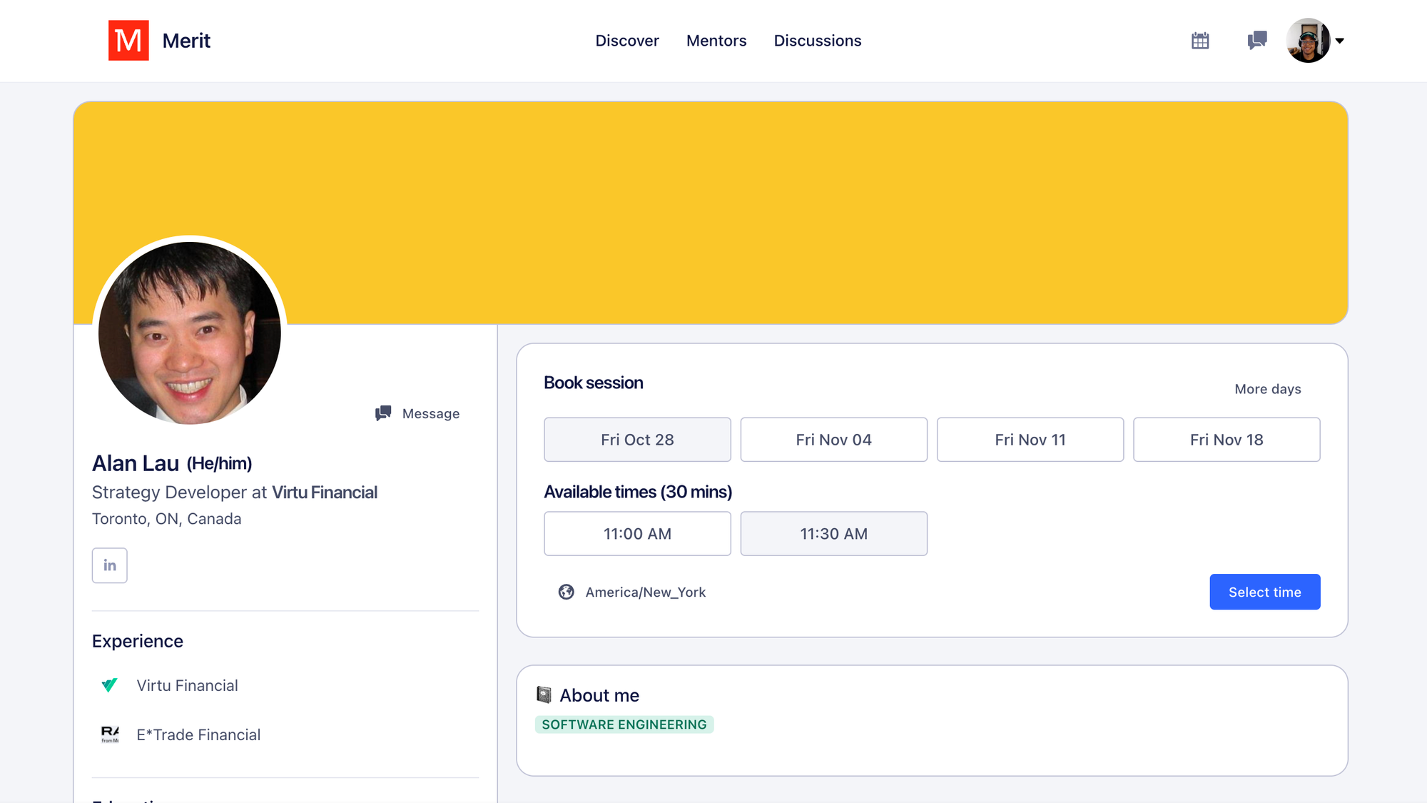  A screenshot of a Merit mentor’s profile with available dates and times for sessions.