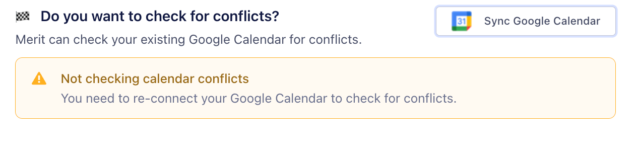 A screenshot of Merit mentor settings with a button to "Sync Google Calendar" and a warning box saying "Not checking for calendar conflicts"