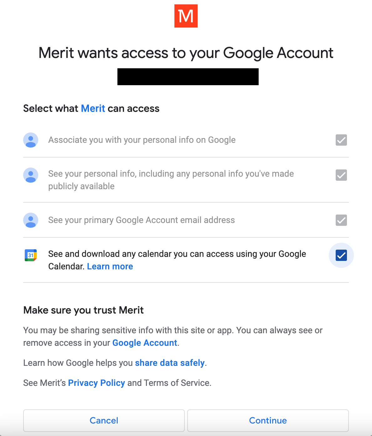 A screenshot of the Google authorization screen with four checkboxes. Three are default checked in gray; one is manually selected in blue.