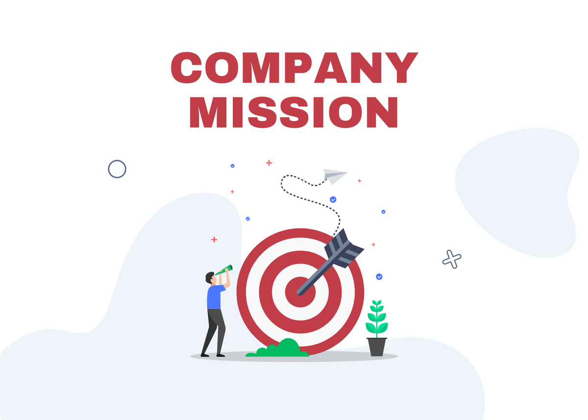A graphic of a man with a telescope looking at an arrow on a red-and-white target with the words "COMPANY MISSION" above